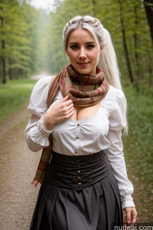 ai nude image of blond woman in a skirt and a white shirt posing for a picture pics of Woman Small Tits Pubic Hair 20s White Hair Ponytail German Dark Fantasy Gloves Long Skirt Medieval Scarf Traditional Partially Nude Cumshot Dirndl