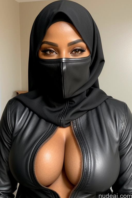 ai nude image of arafed woman in a black leather outfit with a black mask pics of Busty Perfect Boobs Beautiful Perfect Body Dark Skin 40s African Boots Jacket Leather Niqab