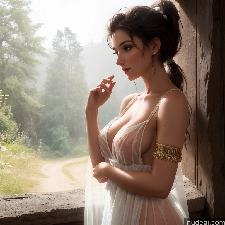 ai nude image of araffe woman in a white dress posing in front of a window pics of Woman Small Tits Pubic Hair Brunette Ponytail Egyptian Dark Fantasy Front View Dirndl Dress Medieval Traditional Tribal Cleavage Partially Nude Topless Transparent Bright Lighting 30s