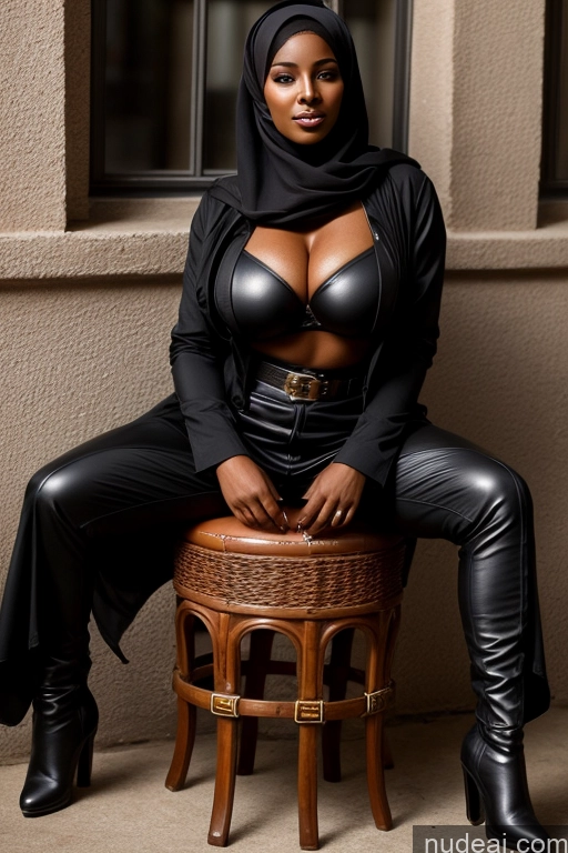 ai nude image of there is a woman sitting on a stool wearing a black outfit pics of Busty Perfect Boobs Beautiful Perfect Body Dark Skin 40s African Boots Jacket Leather Niqab