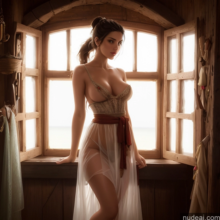 ai nude image of arafed woman in a white dress standing in front of a window pics of Woman Small Tits Pubic Hair Brunette Ponytail Egyptian Dark Fantasy Front View Dirndl Dress Medieval Traditional Tribal Cleavage Partially Nude Topless Transparent Bright Lighting 30s