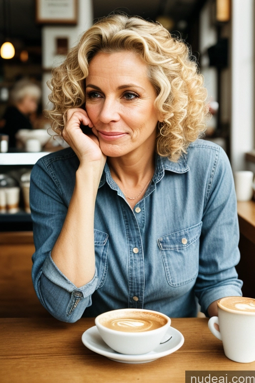 ai nude image of blond woman sitting at a table with a cup of coffee pics of Curly Hair Film Photo Small Ass Small Tits Skinny Milf 40s Sad Fairer Skin Blonde British Eating Cafe Jeans Shirt