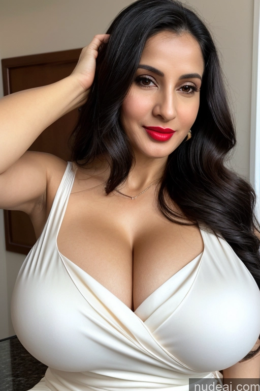 ai nude image of araffe woman in a white dress posing for a picture pics of Woman One Huge Boobs Beautiful Lipstick Fairer Skin 40s Black Hair Slicked White Close-up View Sari Cleavage Simple