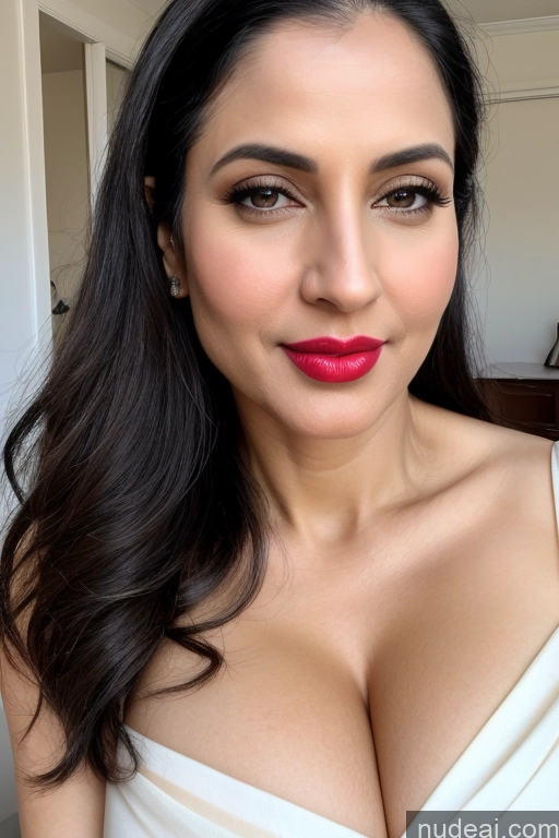 ai nude image of a close up of a woman with a big breast wearing a white dress pics of Woman One Huge Boobs Beautiful Lipstick Fairer Skin 40s Black Hair Slicked White Close-up View Sari Cleavage Simple