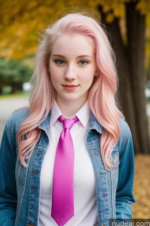 ai nude image of blonde woman with pink hair wearing a denim jacket and pink tie pics of Beautiful Fairer Skin 18 Sexy Face Pink Hair Long Hair White Tie Polo Jacket Jeans