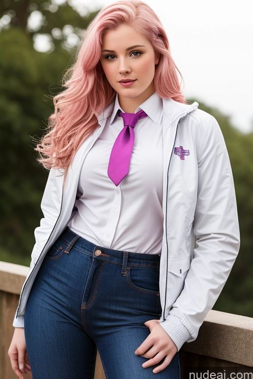 ai nude image of blonde woman with pink hair wearing a white shirt and purple tie pics of Beautiful Fairer Skin 18 Sexy Face Pink Hair Long Hair White Tie Polo Jacket Jeans Busty Big Ass Front View