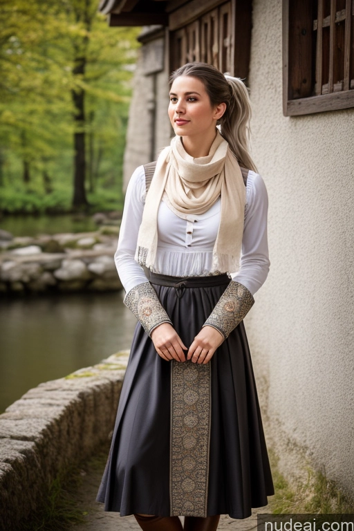 ai nude image of arafed woman in a skirt and scarf standing by a wall pics of Woman Small Tits Pubic Hair 20s White Hair Ponytail German Dark Fantasy Gloves Long Skirt Medieval Scarf Traditional Partially Nude Dirndl