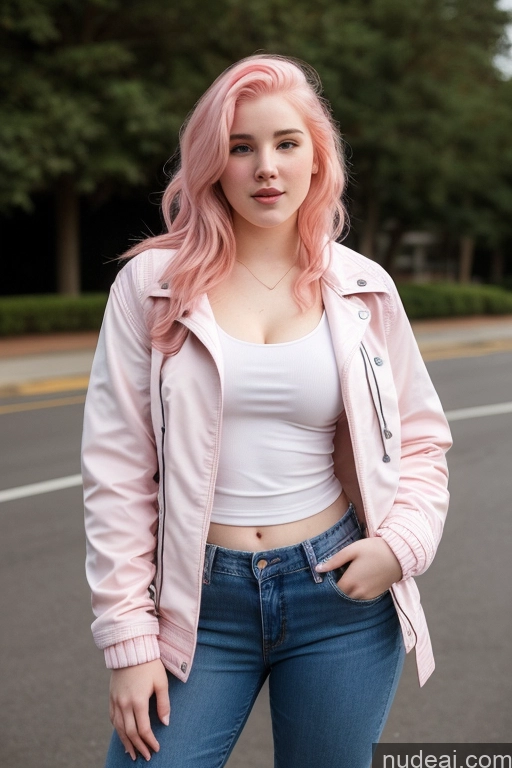 ai nude image of arafed woman with pink hair and a white top standing on a street pics of Beautiful Big Ass Fairer Skin 18 Sexy Face Pink Hair Long Hair White Jeans Jacket