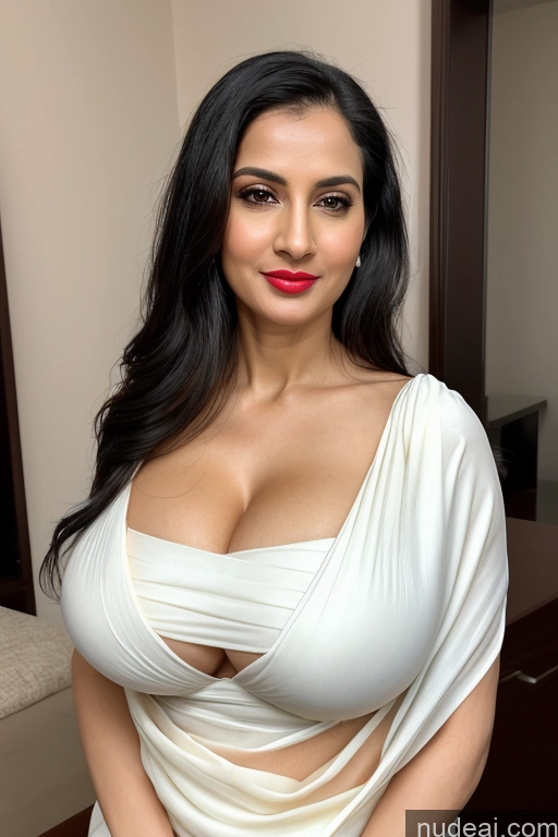 ai nude image of araffed woman in a white dress posing for a picture pics of Woman One Huge Boobs Beautiful Lipstick Fairer Skin 40s Black Hair Slicked White Close-up View Sari Cleavage Simple