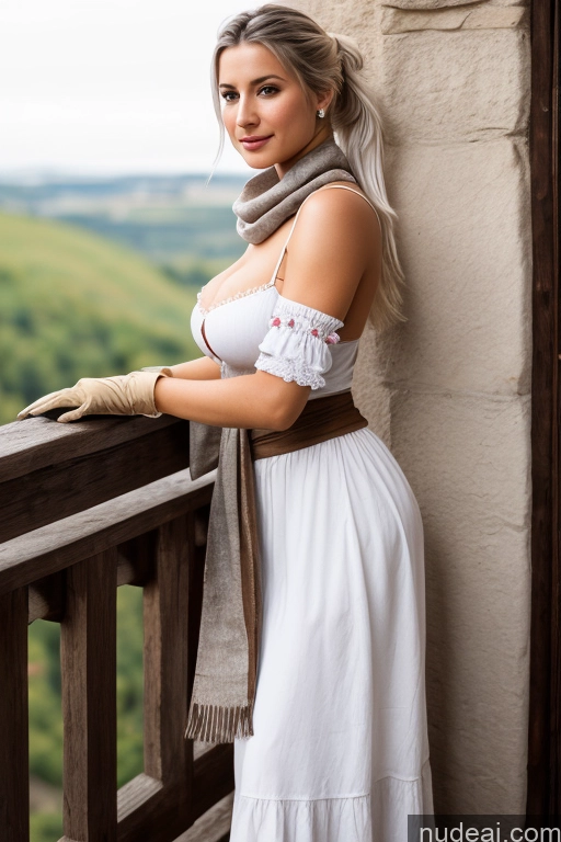 ai nude image of arafed woman in white dress standing on balcony with scarf pics of Woman Small Tits Pubic Hair 20s White Hair Ponytail German Dark Fantasy Partially Nude Dirndl Gloves Long Skirt Medieval Scarf Traditional