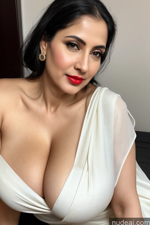 ai nude image of araffed woman in a white dress posing for a picture pics of Woman One Huge Boobs Beautiful Lipstick Fairer Skin 40s Black Hair Slicked White Close-up View Sari Cleavage Simple