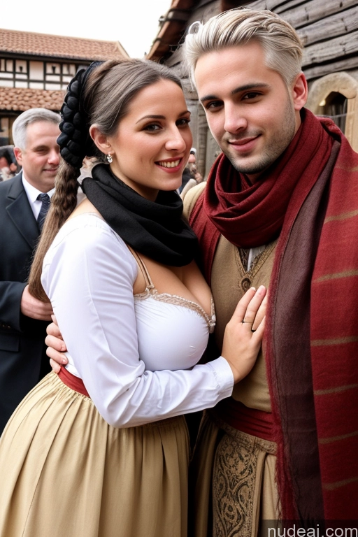 ai nude image of there is a man and woman dressed in medieval clothing posing for a picture pics of Woman + Man Small Tits Pubic Hair 20s Several White Hair Ponytail German Dark Fantasy Blowjob Partially Nude Dirndl Long Skirt Medieval Scarf Traditional