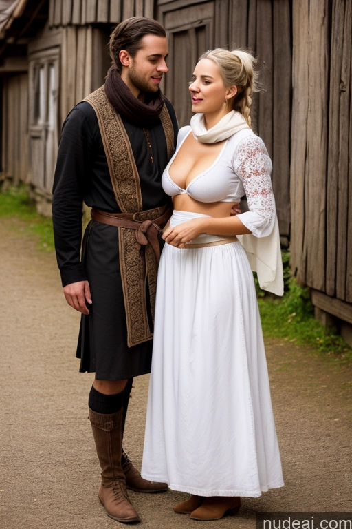 ai nude image of there is a man and woman dressed in medieval clothing standing next to each other pics of Woman + Man Small Tits Pubic Hair 20s White Hair Ponytail German Dark Fantasy Blowjob Partially Nude Dirndl Long Skirt Medieval Scarf Traditional