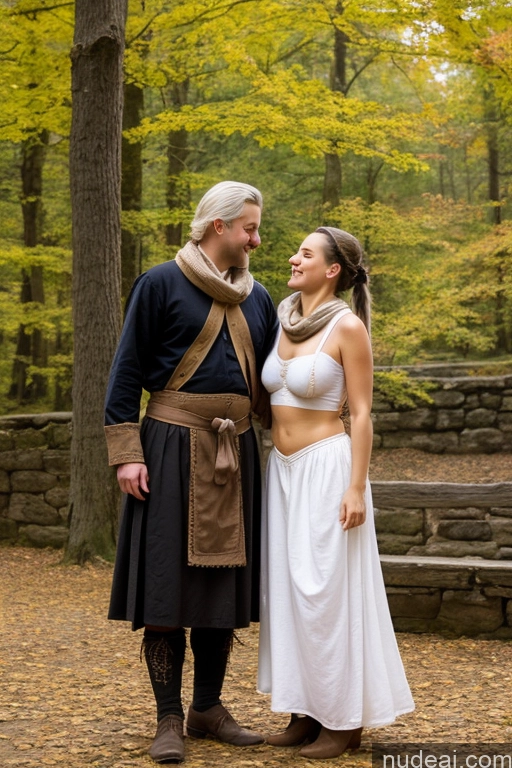 ai nude image of there is a man and woman dressed in medieval clothing standing together pics of Woman + Man Small Tits Pubic Hair 20s White Hair Ponytail German Dark Fantasy Blowjob Partially Nude Dirndl Long Skirt Medieval Scarf Traditional