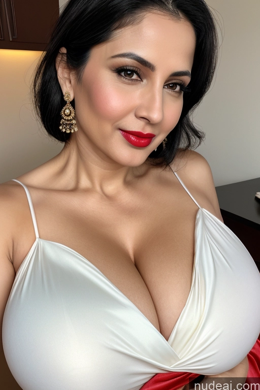 ai nude image of araffed woman in a white dress with red tie and big tits pics of Woman One Huge Boobs Beautiful Lipstick Fairer Skin 40s Black Hair Slicked Close-up View Sari Cleavage Simple White