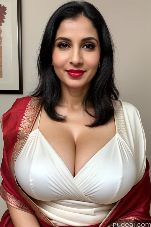 related ai porn images free for Woman One Huge Boobs Beautiful Lipstick Fairer Skin 40s Black Hair Slicked Close-up View Sari Cleavage Simple White