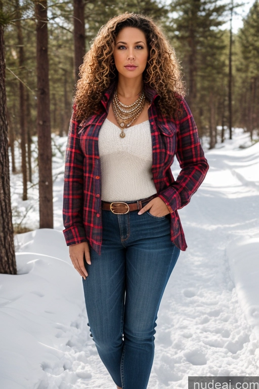 ai nude image of arafed woman in a red and white shirt and jeans standing in the snow pics of Woman One Busty Big Ass Long Legs 40s Serious Brunette Curly Hair White Soft + Warm Jewelry Lumberjack