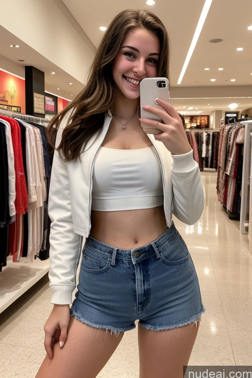 ai nude image of arafed woman taking a selfie in a clothing store pics of Sorority One Small Tits Tall Fairer Skin 18 Happy Brunette Straight White Mall Front View Jeans Crop Top Jacket Shirt Skinny