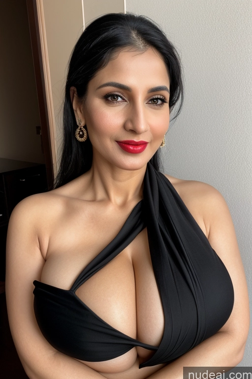 ai nude image of araffed woman in a black dress posing for a picture pics of Woman One Huge Boobs Beautiful Lipstick Fairer Skin 40s Black Hair Slicked White Close-up View Sari Cleavage Simple