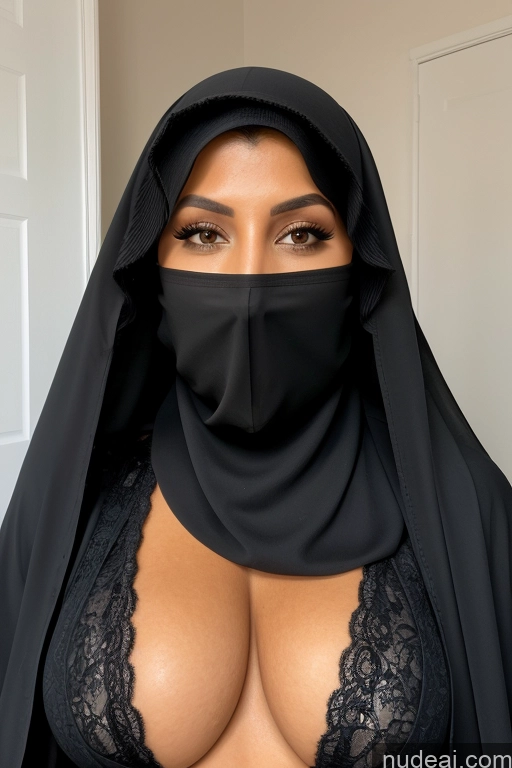 ai nude image of arafed woman in a black hijab and black lingerie pics of Woman One Busty Tall Long Legs Big Ass Serious 30s Curly Hair Brunette White Soft + Warm Niqab Jewelry