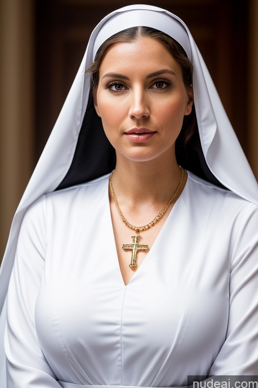 ai nude image of arafed woman in a white robe with a cross necklace pics of Woman One Busty Tall Long Legs Big Ass Serious 30s Curly Hair Brunette White Soft + Warm Jewelry Nun