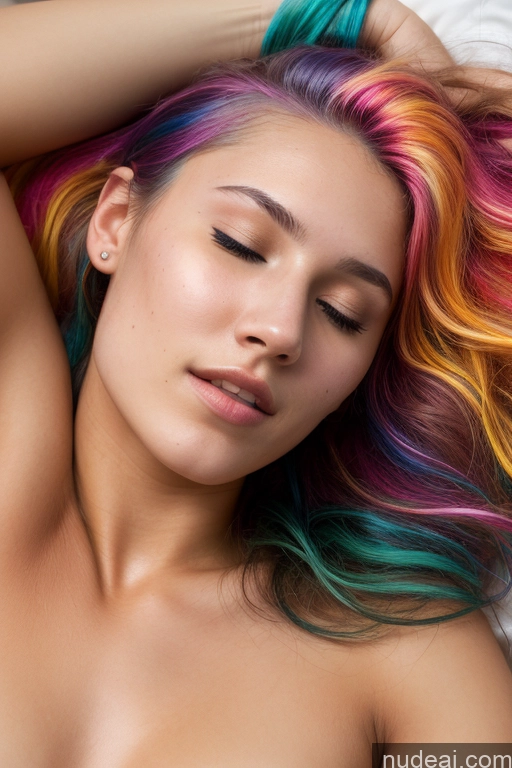 ai nude image of arafed woman with colorful hair laying on a bed pics of Sorority One Perfect Body Skinny 18 Orgasm Rainbow Haired Girl Messy Nude Bright Lighting Detailed Skin Detail (beta) Close Up Vaginal + Creampie