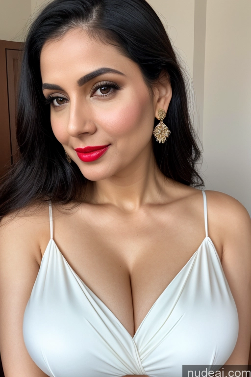 ai nude image of araffed woman in a white dress with red lipstick and earrings pics of Woman One Huge Boobs Beautiful Lipstick Fairer Skin 40s Black Hair Slicked White Close-up View Sari Cleavage Simple