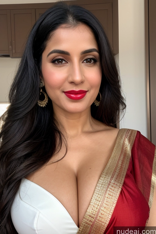 ai nude image of araffed woman with a red and gold sari posing for a picture pics of Woman One Huge Boobs Beautiful Lipstick Fairer Skin 40s Black Hair Slicked White Close-up View Sari Cleavage Simple