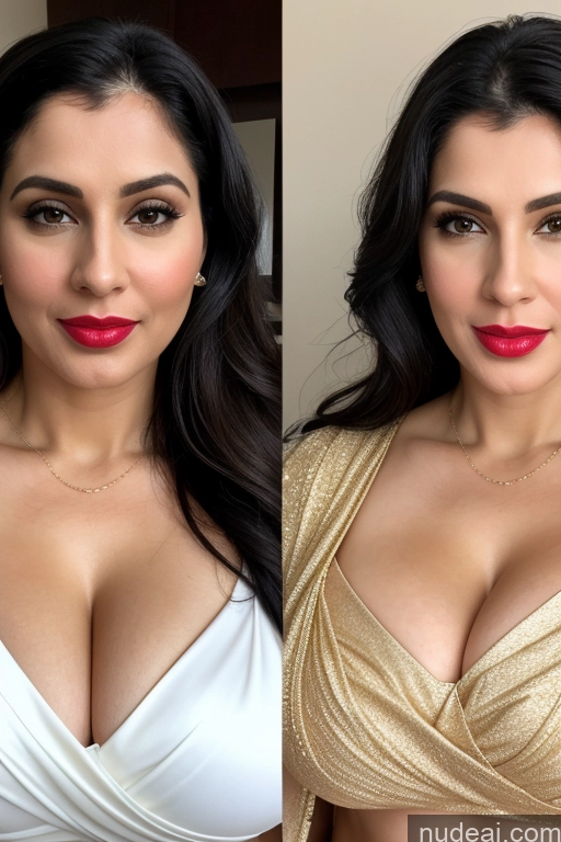 ai nude image of araffed woman with a red lipstick and a gold dress pics of Woman One Huge Boobs Beautiful Lipstick Fairer Skin 40s Black Hair Slicked White Close-up View Sari Cleavage Simple