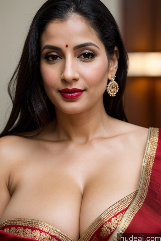 ai nude image of araffed woman in a red sari posing for a picture pics of Woman One Huge Boobs Beautiful Lipstick Fairer Skin 40s Black Hair Slicked White Close-up View Sari Cleavage Simple