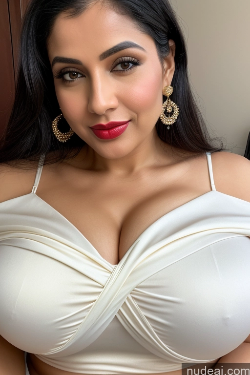 ai nude image of araffed woman in a white dress posing for a picture pics of Woman One Huge Boobs Beautiful Lipstick Fairer Skin 40s Black Hair Slicked White Close-up View Sari Cleavage Simple