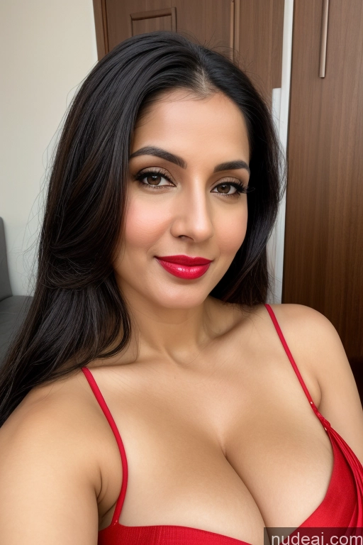 ai nude image of araffed woman in a red dress posing for a picture pics of Woman One Huge Boobs Beautiful Lipstick Fairer Skin 40s Black Hair Slicked White Sari Cleavage Simple Close-up View