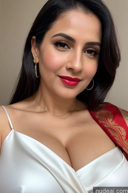 ai nude image of araffe woman with a red scarf and gold jewelry posing for a picture pics of Woman One Huge Boobs Beautiful Lipstick Fairer Skin 40s Black Hair Slicked White Close-up View Sari Cleavage Simple