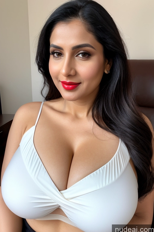 ai nude image of araffed woman in a white bra top posing for a picture pics of Woman One Huge Boobs Beautiful Lipstick Fairer Skin 40s Black Hair Slicked White Sari Cleavage Simple Close-up View Perfect Boobs