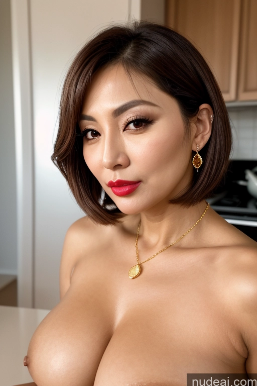 ai nude image of arafed asian woman with big breast posing in kitchen pics of Milf One Small Tits Lipstick Pubic Hair 40s Pouting Lips Brunette Bobcut Korean Crisp Anime Front View Cooking Jewelry Gold Jewelry Detailed Bright Lighting