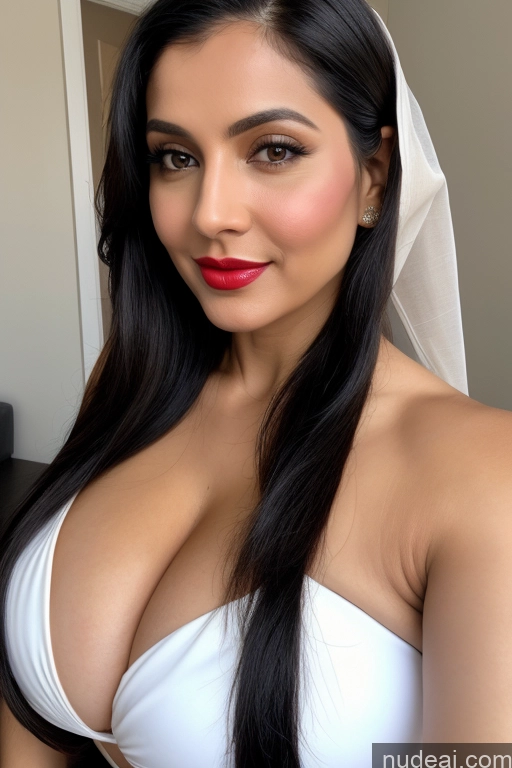 ai nude image of araffed woman with a veil and red lipstick posing for a picture pics of Woman One Huge Boobs Beautiful Lipstick Fairer Skin 40s Black Hair White Sari Cleavage Simple Bikini Close-up View