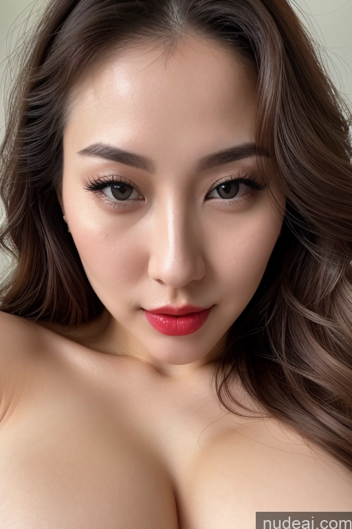 ai nude image of arafed asian woman with a big breast posing for a picture pics of Woman Huge Boobs Beautiful Lipstick Fairer Skin 30s Seductive Sexy Face Slicked Korean Close-up View Nude Bright Lighting Detailed