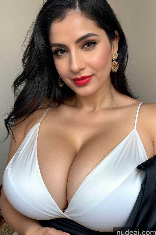 ai nude image of araffed woman in a white dress with big breasts posing for a picture pics of Woman One Huge Boobs Beautiful Lipstick Fairer Skin 40s Black Hair White Sari Cleavage Simple Close-up View Slicked