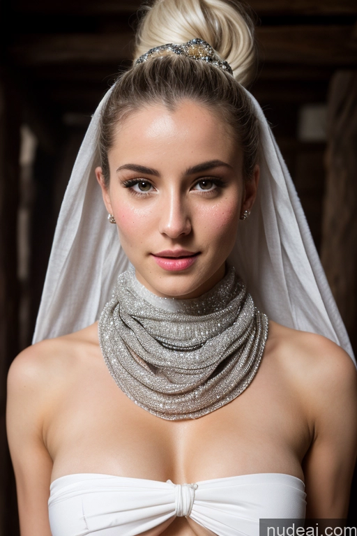 ai nude image of arafed woman in a white dress with a veil and a necklace pics of Athlete Small Tits Pubic Hair 20s White Hair Ponytail German Dark Fantasy Cumshot Partially Nude Detailed Dress Long Skirt Medieval Scarf Traditional Diamond Jewelry