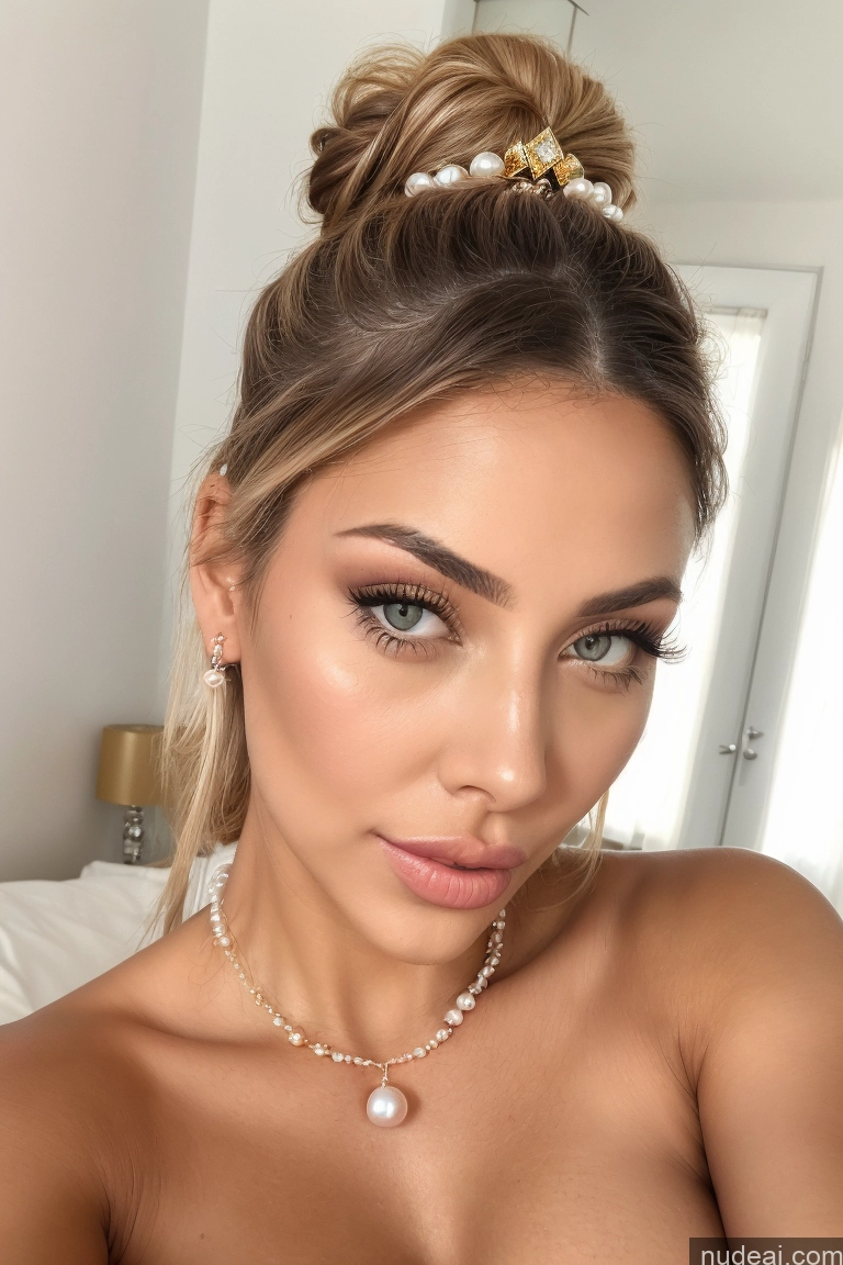 ai nude image of arafed woman with a pearl necklace and pearl necklace on her neck pics of Bimbo Small Tits Lipstick Pubic Hair Long Legs 40s Pouting Lips Brunette Hair Bun Turkish Warm Anime Bright Lighting Jewelry Pearl Jewelry Diamond Jewelry Gold Jewelry Detailed