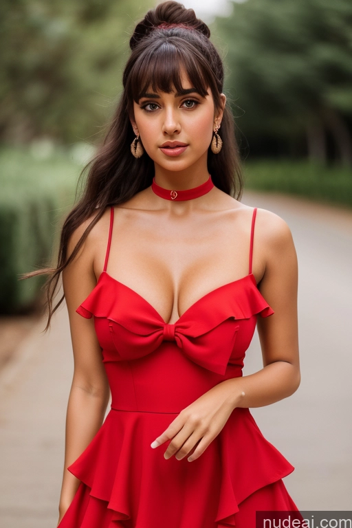 Aamira, Long Hair, Bangs Pinned Back, Topknot, Forehead, Choker, Bare Shoulder, Cleavage, Red Dress, Frilled Dress, Bow, Sleeveless POV Focus Sex