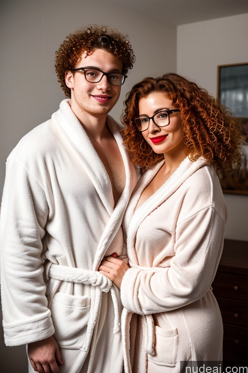 ai nude image of they are posing for a picture in their robes in the room pics of 18 Woman + Man Two Perfect Boobs Glasses Lipstick Ginger Curly Hair Bathrobe German Bedroom