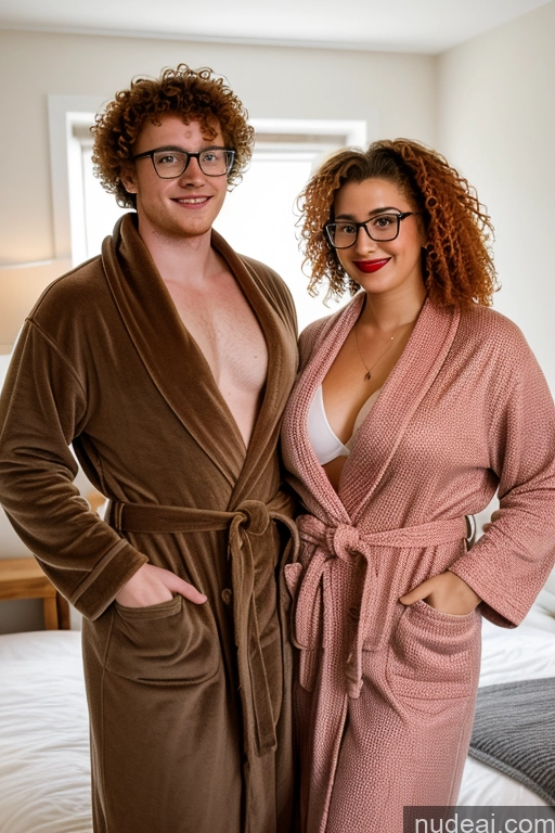 ai nude image of they are posing for a picture in their robes in a hotel room pics of 18 Woman + Man Two Perfect Boobs Glasses Lipstick Ginger Curly Hair Bathrobe German Bedroom