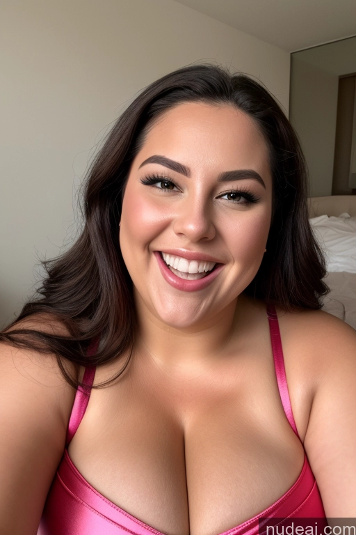 ai nude image of smiling woman in pink bra top posing for camera in bedroom pics of Busty Thick Chubby Fat Beautiful Perfect Boobs Happy Laughing 30s Satin Cleavage Blowjob Bikini