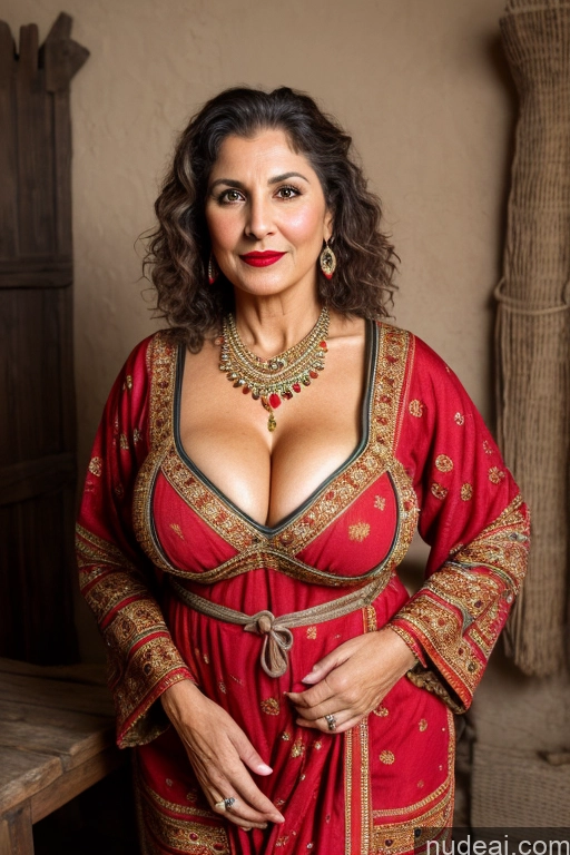 ai nude image of araffe woman in a red dress posing for a picture pics of Milf One Small Tits Lipstick Big Hips Pubic Hair Sexy Face Middle Eastern Front View Dress Cleavage Traditional Tribal Bright Lighting Detailed Medieval 50s