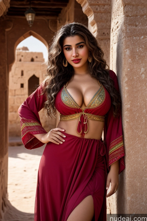 ai nude image of araffe woman in a red dress posing in a courtyard pics of One Small Tits Lipstick Big Hips Pubic Hair Sexy Face Front View Dress Cleavage Traditional Tribal Bright Lighting Detailed Medieval Woman Arabic 18