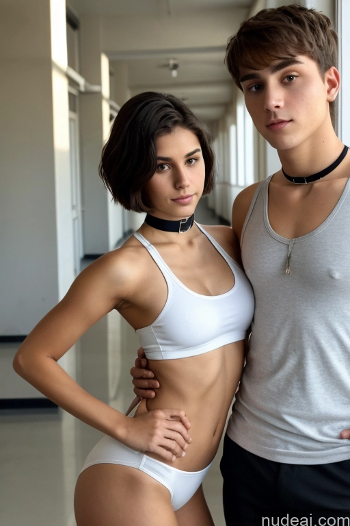 ai nude image of they are two people standing next to each other in a hallway pics of Woman + Man Small Tits Small Ass Skinny School Hallway 18 Serious Brunette Short Hair Choker Tank Top Underwear White