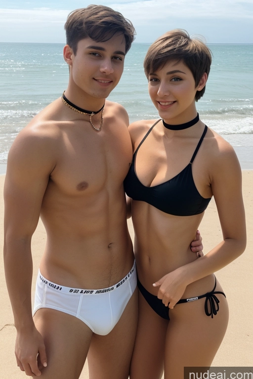 ai nude image of they are two people standing on the beach together in their underwear pics of Woman + Man Small Tits Small Ass Skinny 18 Brunette Short Hair Choker Perfect Boobs White Bikini Beach