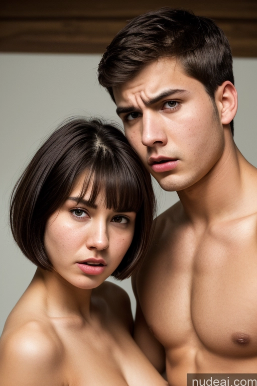 ai nude image of they are two people posing for a picture together in a room pics of 18 Woman + Man Brunette Short Hair Beautiful Perfect Body Shocked Sad Angry Big Ass