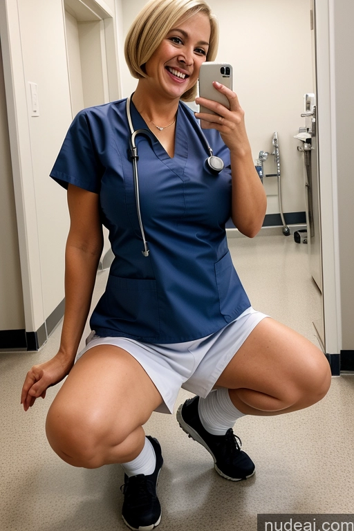 ai nude image of arafed woman in scrubs kneeling down taking a selfie pics of Milf Busty Beautiful Big Ass Big Hips Laughing Detailed Nurse One 40s Blonde Bobcut British Mirror Selfie Squatting Hospital